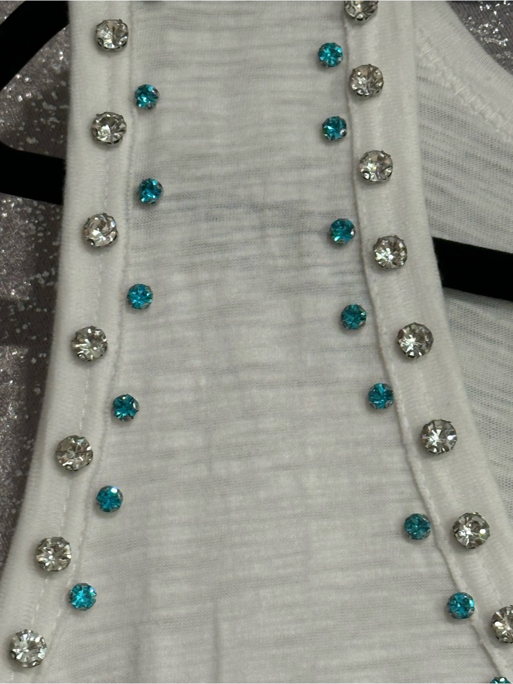 Vocal White Tank with Teal and Clear Jewel Trim- L